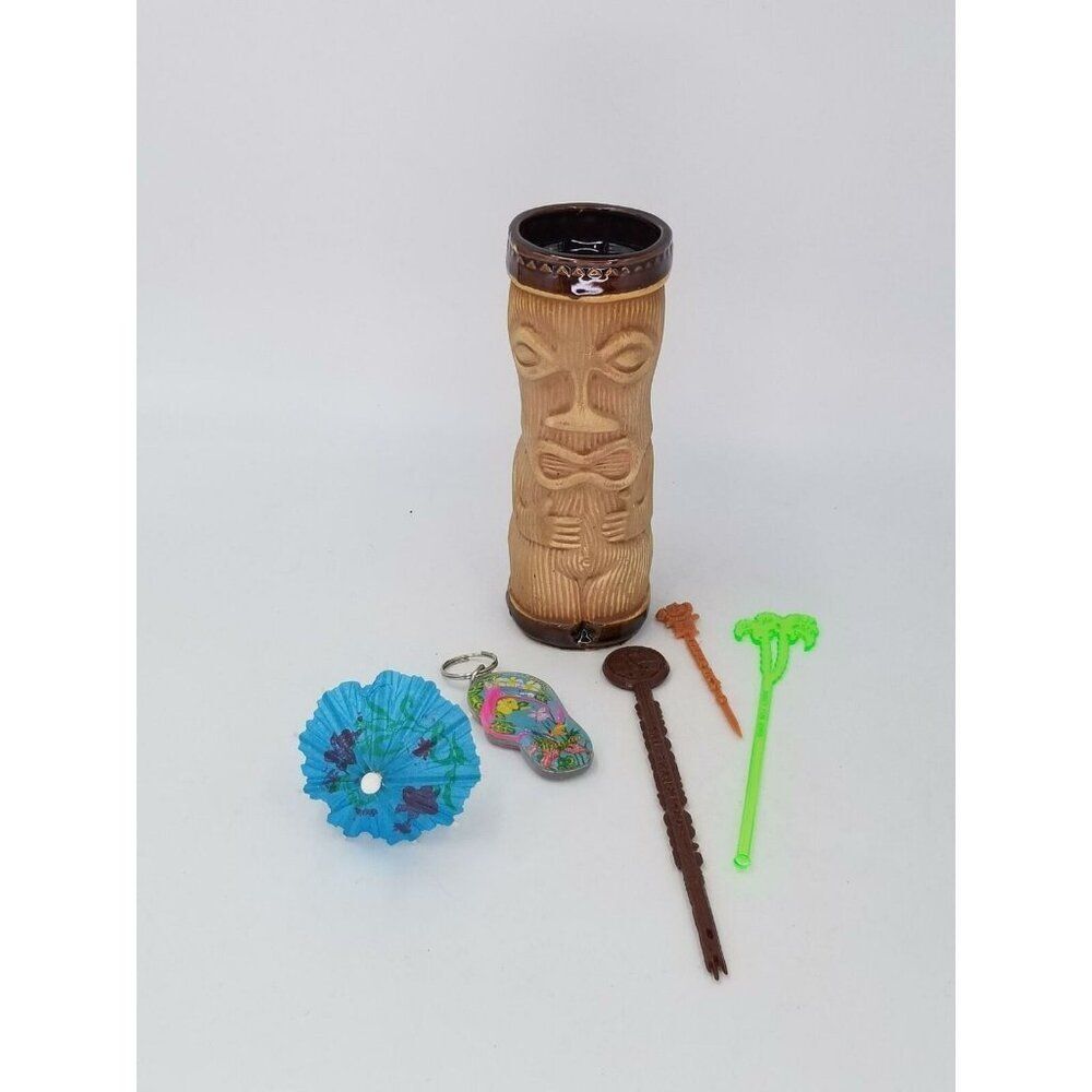 Vintage Paul Marshall Tiki Mug Ceramic Umbrella Swizzle Sticks Key Chain Lot